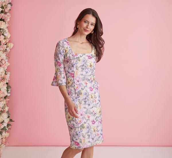 adrianna papell Floral Embroidered Sheath Dress With Three Quarter Bell Sleeves In Blush Multi