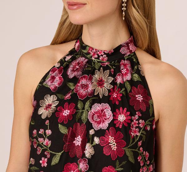 Adrianna Papell Floral Embroidered Trapeze Halter Dress In Pink Multi