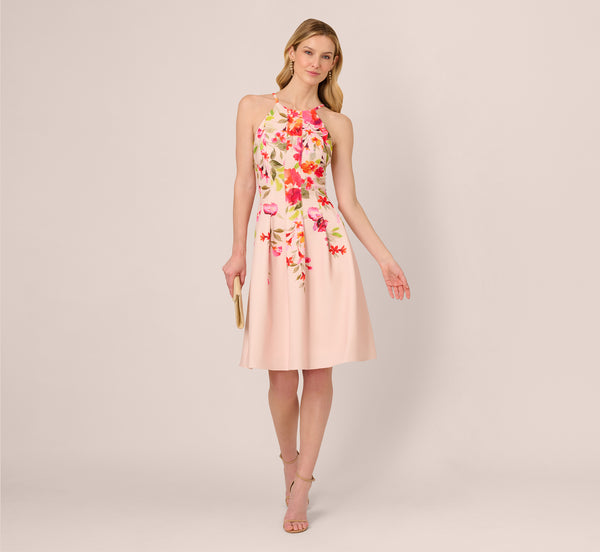 Adrianna Papell Floral Fit And Flare Halter Midi Dress In Champagne Multi