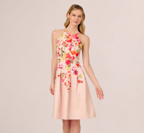 Adrianna Papell Floral Fit And Flare Halter Midi Dress In Champagne Multi