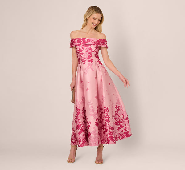 Adrianna Papell Floral Jacquard Ankle Length Dress With Off The Shoulder Neckline In Pink Multi