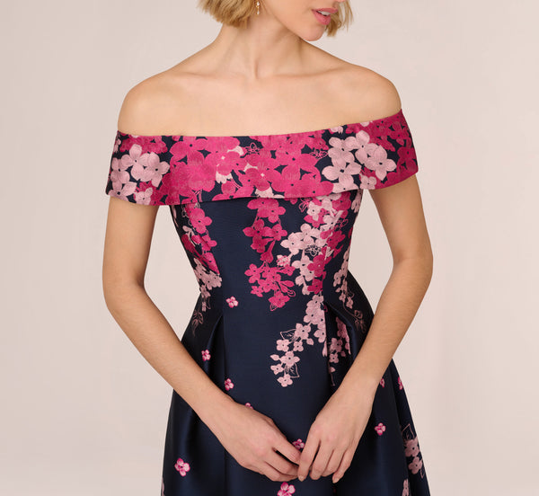 Adrianna Papell Floral Jacquard Ankle Length Dress With Off The Shoulder Neckline In Navy Pink Multi