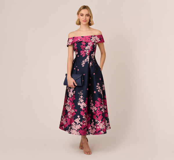 adrianna papell Floral Jacquard Ankle Length Dress With Off The Shoulder Neckline In Navy Pink Multi