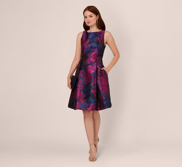 adrianna papell Floral Jacquard Short Dress With Envelope Back In Navy Orchid