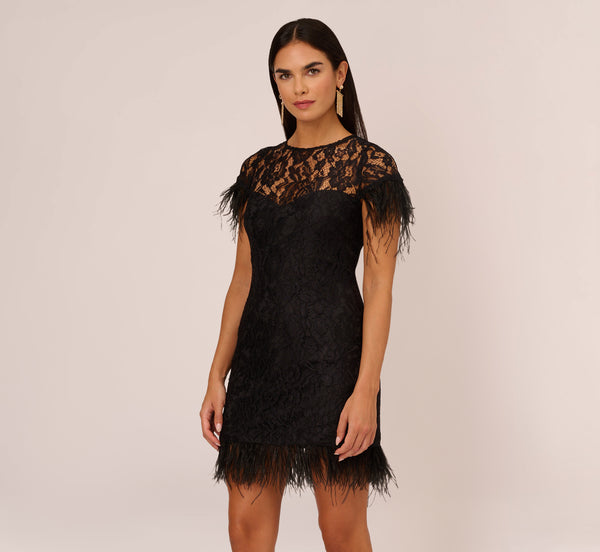 Adrianna Papell Floral Lace And Feather Trimmed Short Sheath Cocktail Dress In Black