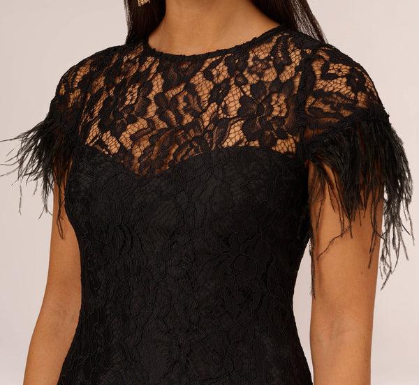 Adrianna Papell Floral Lace And Feather Trimmed Short Sheath Cocktail Dress In Black