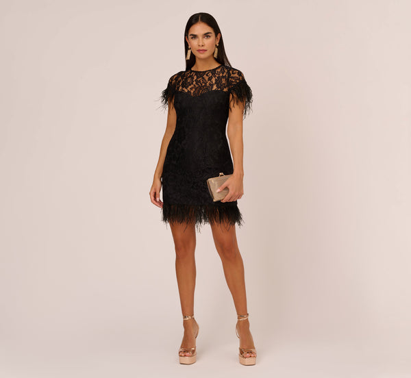 adrianna papell Floral Lace And Feather Trimmed Short Sheath Cocktail Dress In Black