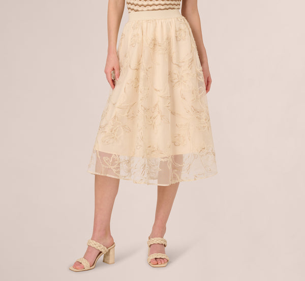 Adrianna Papell Floral Mesh Overlay A Line Midi Skirt In Ivory