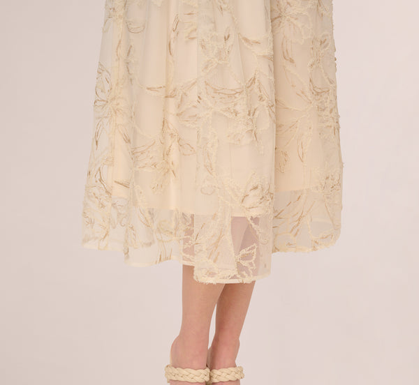 Adrianna Papell Floral Mesh Overlay A Line Midi Skirt In Ivory