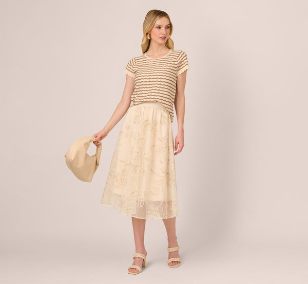 adrianna papell Floral Mesh Overlay A Line Midi Skirt In Ivory