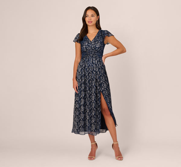 Adrianna Papell Floral Metallic Crinkle Ankle Length Dress With Flutter Sleeves In Navy Silver