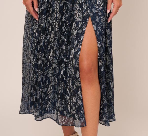 Adrianna Papell Floral Metallic Crinkle Ankle Length Dress With Flutter Sleeves In Navy Silver