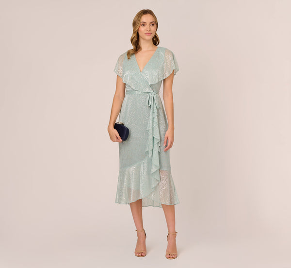 adrianna papell Floral Metallic Stencil Midi-Length Mermaid Dress With Capelet In Sea Glass