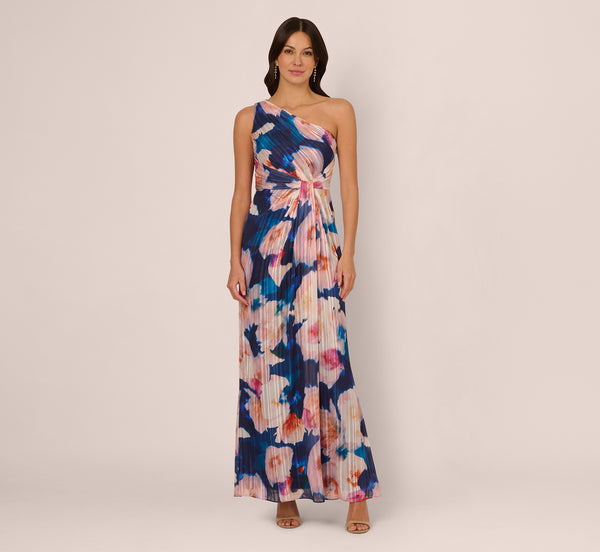 Adrianna Papell Floral Print Chiffon Gown With One Shoulder Neckline In Navy Blush