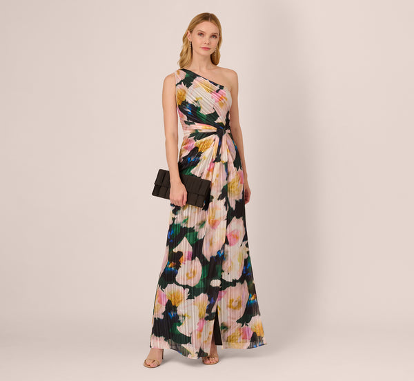 Adrianna Papell Floral Print Chiffon Gown With One Shoulder Neckline In Black Blush Multi