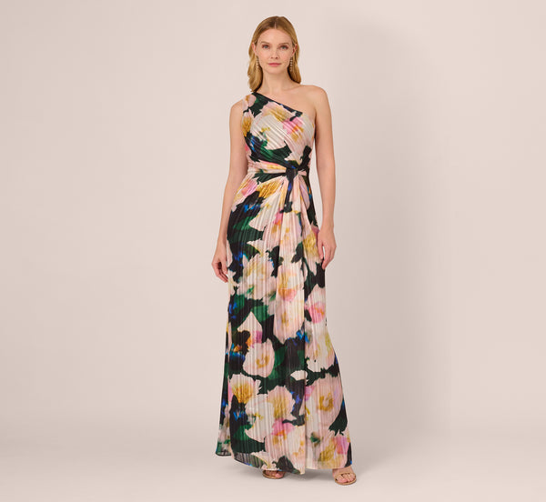 Adrianna Papell Floral Print Chiffon Gown With One Shoulder Neckline In Black Blush Multi