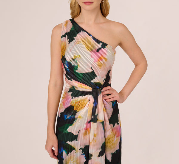 Adrianna Papell Floral Print Chiffon Gown With One Shoulder Neckline In Black Blush Multi