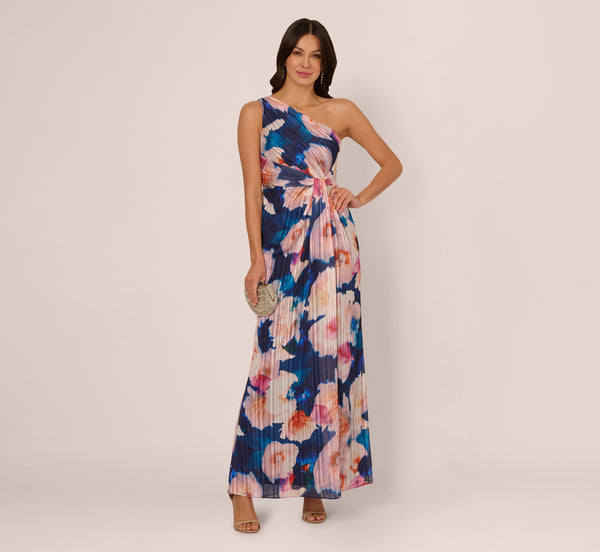 adrianna papell Floral Print Chiffon Gown With One Shoulder Neckline In Navy Blush