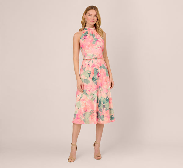 Adrianna Papell Floral Print Chiffon Halter Dress With Mock Neck In Blush Multi