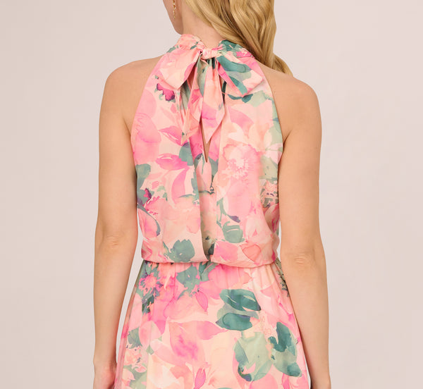 Adrianna Papell Floral Print Chiffon Halter Dress With Mock Neck In Blush Multi