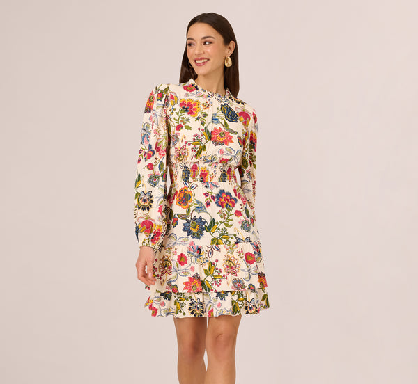 Adrianna Papell Floral Print Dress With Long Bishop Sleeves In Ecru Multi