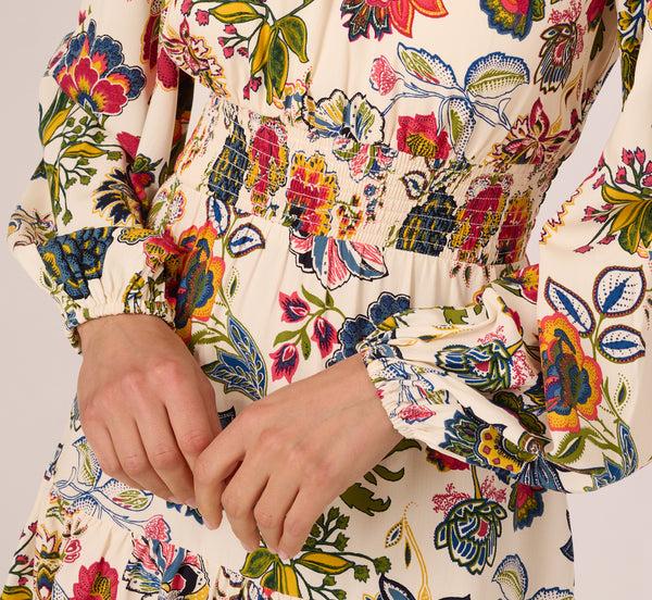 Adrianna Papell Floral Print Dress With Long Bishop Sleeves In Ecru Multi