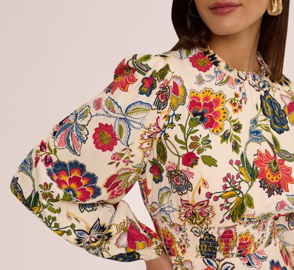 Adrianna Papell Floral Print Dress With Long Bishop Sleeves In Ecru Multi