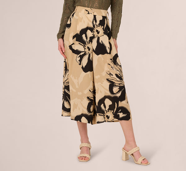 Adrianna Papell Floral Print Gaucho Pant In Khaki Black Sunset Floral