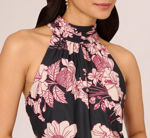 Adrianna Papell Floral Print Halter Midi Dress With Mock Neckline In Black Multi