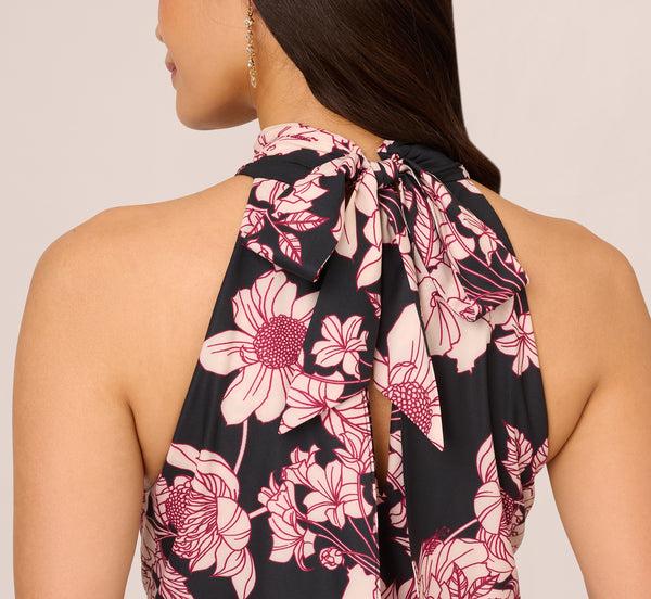 Adrianna Papell Floral Print Halter Midi Dress With Mock Neckline In Black Multi