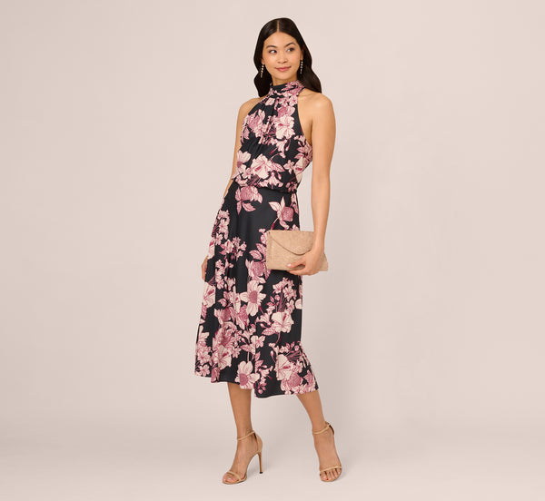 adrianna papell Floral Print Halter Midi Dress With Mock Neckline In Black Multi