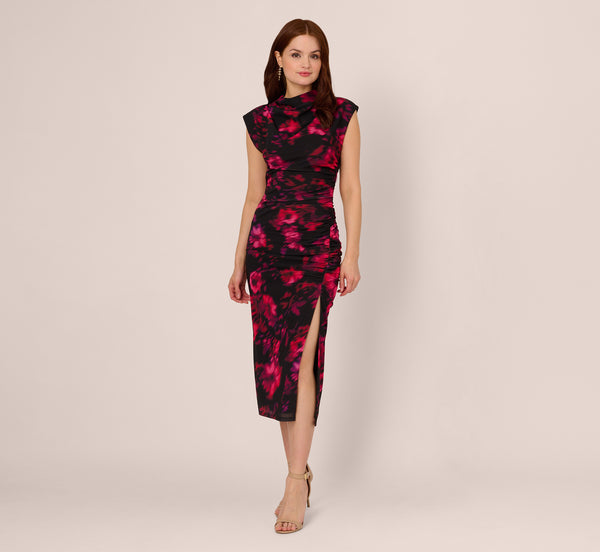 Adrianna Papell Floral Print Jersey Ankle Length Dress With Draped Details In Black Pink Multi