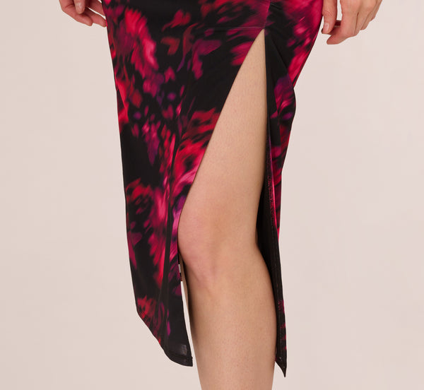 Adrianna Papell Floral Print Jersey Ankle Length Dress With Draped Details In Black Pink Multi