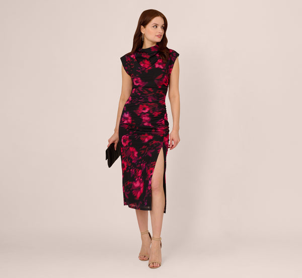 adrianna papell Floral Print Jersey Ankle Length Dress With Draped Details In Black Pink Multi