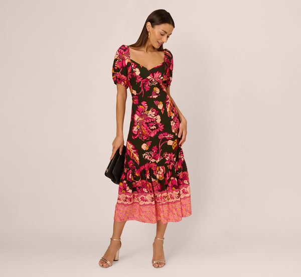 Adrianna Papell Floral Print Maxi Dress With Puff Sleeves In Hunter Multi