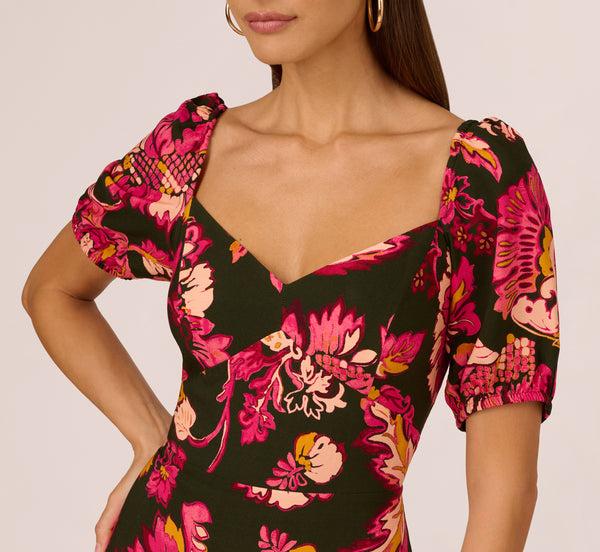 Adrianna Papell Floral Print Maxi Dress With Puff Sleeves In Hunter Multi