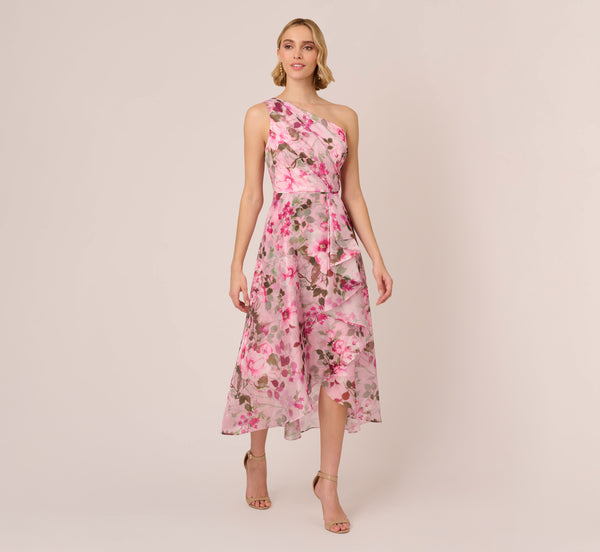 Adrianna Papell Floral Print Organza Midi Dress With One Shoulder Neckline In Pink Multi