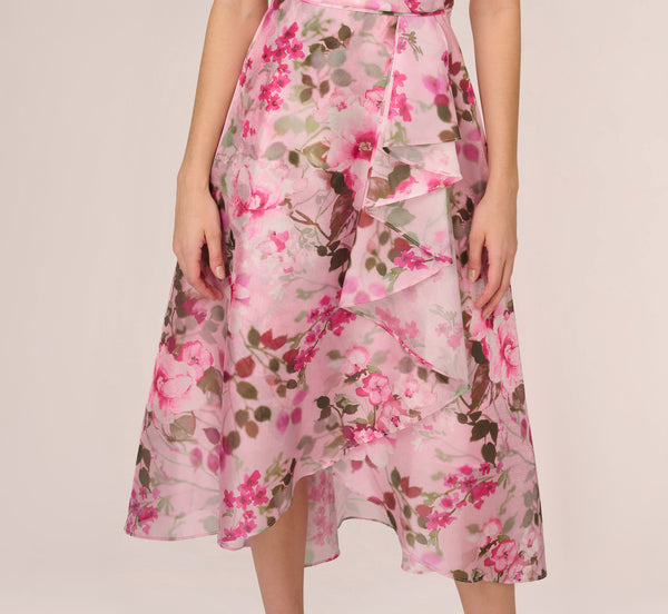 Adrianna Papell Floral Print Organza Midi Dress With One Shoulder Neckline In Pink Multi