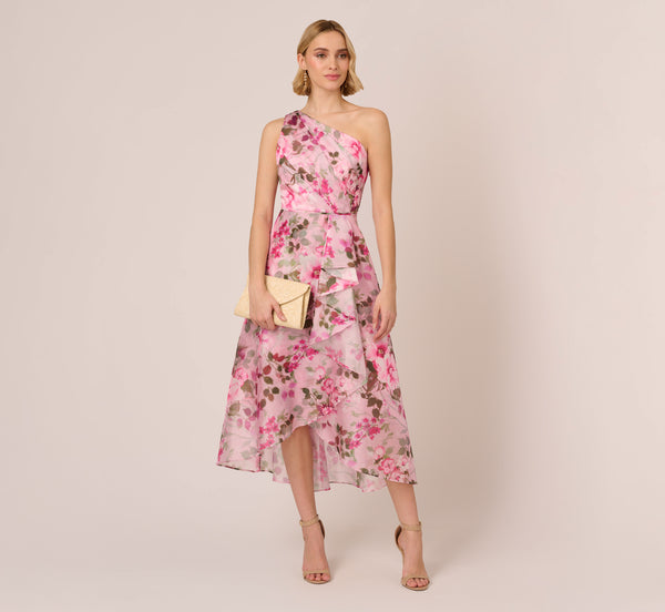 adrianna papell Floral Print Organza Midi Dress With One Shoulder Neckline In Pink Multi