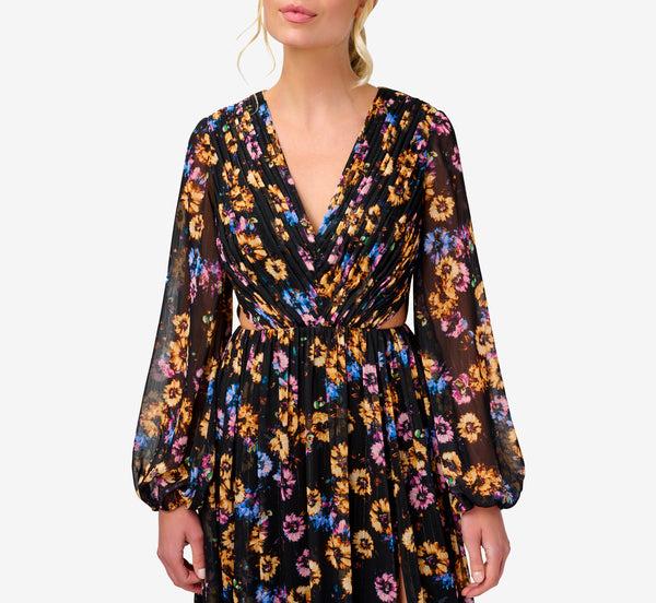 Adrianna Papell Floral-Print Pleated Chiffon Long A-Line Gown In Black Multi