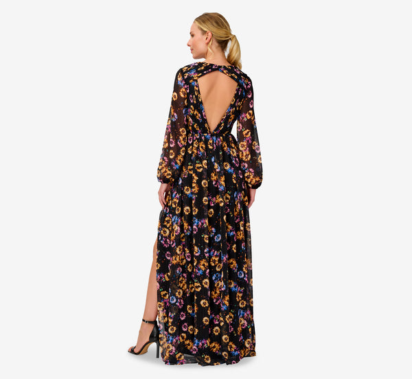 Adrianna Papell Floral-Print Pleated Chiffon Long A-Line Gown In Black Multi