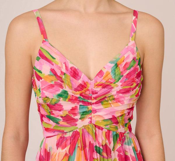 Adrianna Papell Floral Print Pleated Chiffon Midi Dress In Pink Green Multi