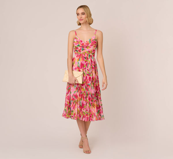adrianna papell Floral Print Pleated Chiffon Midi Dress In Pink Green Multi