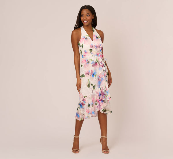 Adrianna Papell Floral Printed Chiffon Halter Dress With Self Tie Waist In Ivory Pink Multi