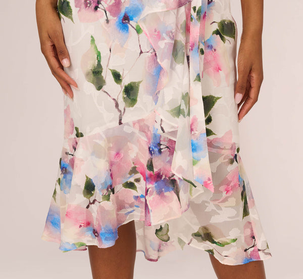 Adrianna Papell Floral Printed Chiffon Halter Dress With Self Tie Waist In Ivory Pink Multi