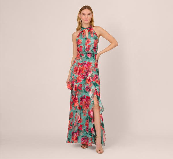 Adrianna Papell Floral Printed Halter Mermaid Gown With Ruffle Details In Turquoise Multi