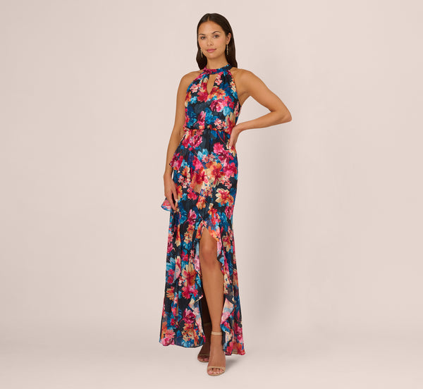 Adrianna Papell Floral Printed Halter Mermaid Gown With Ruffle Details In Navy Multi
