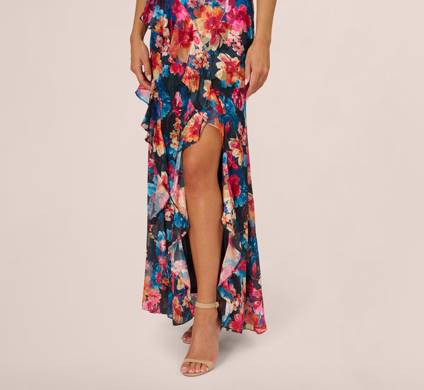 Adrianna Papell Floral Printed Halter Mermaid Gown With Ruffle Details In Navy Multi