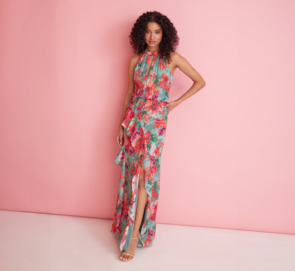 adrianna papell Floral Printed Halter Mermaid Gown With Ruffle Details In Turquoise Multi