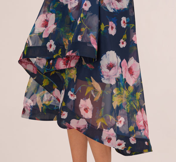 Adrianna Papell Floral Printed High Low Organza Halter Dress In Navy Multi
